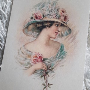 Tarjeta de diario Victorian Lady con sombrero grande, Shabby Chic, tarjeta en blanco, libro de recuerdos, tarjeta de diario basura francesa