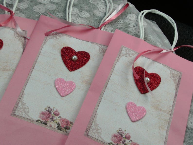 Wedding Gift Pink Bag with Handle and Ribbon Heart Bag Party Favor Bags Pink Gift Bag