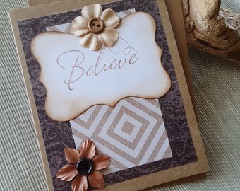 Believe Greeting Card, Kraft Cardstock, Handmade Blank Card, Stamped Card