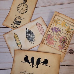 4 cartões de diário, carimbos à mão, encartes de bolso para diário tingidos com café