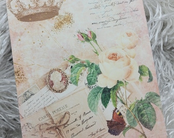 French Journal Card, Shabby Chic Junk Journal Scrapbook Embellishment, Pocket Insert, Crown and Roses