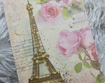 Eiffel Tower Journal Card, French Ephemera Embellishment, Pink Rose