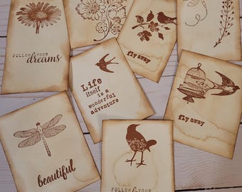 8 Journal Cards, Hand Stamped, Coffee Dyed Junk Journal Pocket Inserts, Birds and Flowers