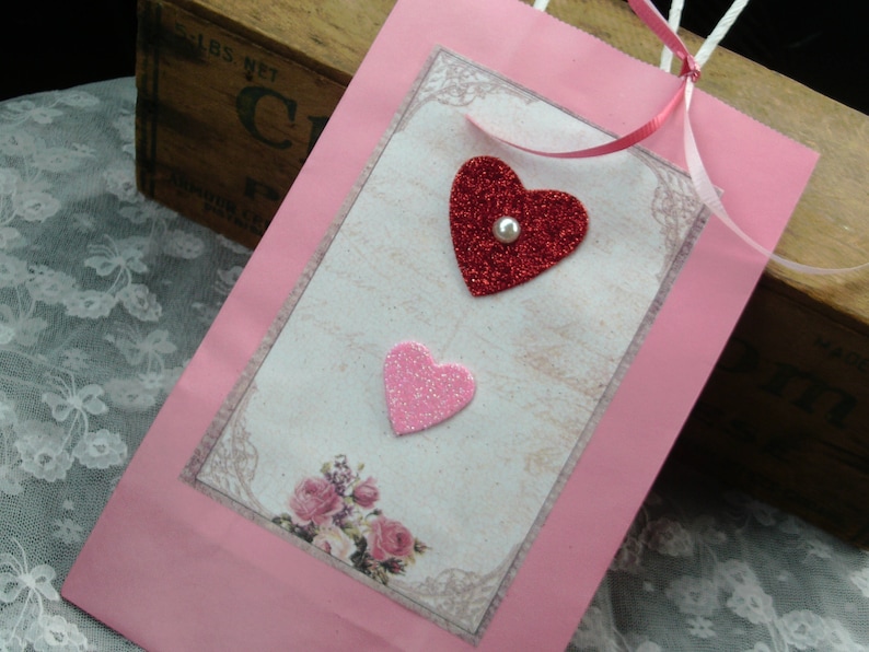 Wedding Gift Pink Bag with Handle and Ribbon Heart Bag Party Favor Bags Pink Gift Bag