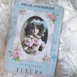 Cartão de diário francês, menina vitoriana com rosas cor de rosa, chique gasto, cartão em branco, álbum de recortes, cartão de diário azul