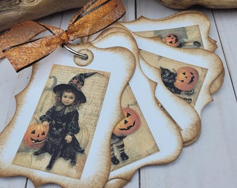 Witch Tag Set, Little Halloween Witches, Orange Ribbon, 8 Tags, Distressed