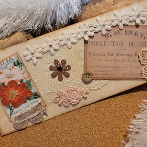 Tea Dyed Envelope, Embellished for Junk Journals, Ephemera Storage, Vintage Lace, Flower, Lace, Altered Envelope, Journal Envelope