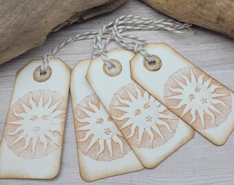 Sun Tags, Distressed, Hand Stamped Cardstock Tags, Hand Stamped