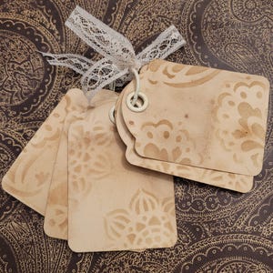 6 Coffee Dyed Tags, Stenciled, Distressed, Vintage Style Journal Tags