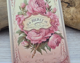 Pink Rose Journal Card, Blank Scrapbook Embellishment, Vintage