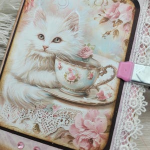 Journal fait main, chats et tasses à thé, journal enveloppe, petit carnet, journal souple