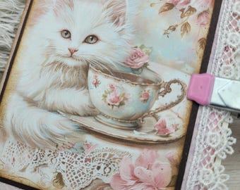 Handmade Journal, Cats and Teacups, Small Envelope Notebook