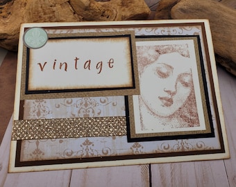 Hand Stamped Vintage Card, Lady Stamp Blank Card