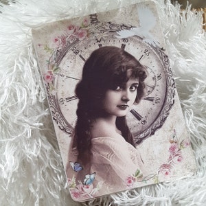 Journal Card Victorian Französin mit Uhr, French Shabby Chic, Blanko-Karte, Scrapbook, Junk Journal Card
