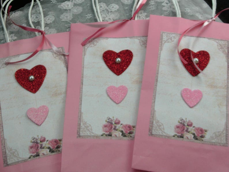 Wedding Gift Pink Bag with Handle and Ribbon Heart Bag Party Favor Bags Pink Gift Bag