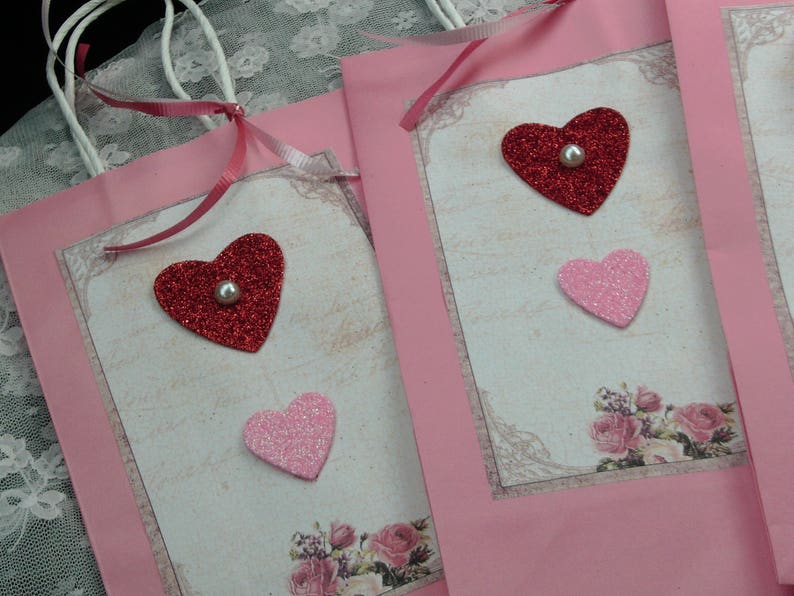Wedding Gift Pink Bag with Handle and Ribbon Heart Bag Party Favor Bags Pink Gift Bag
