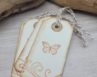 4 Tags, Distressed, Hand Stamped Cardstock Tags, Butterfly Stamp