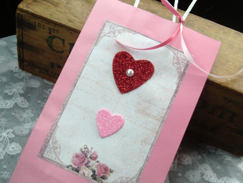 Wedding Gift Pink Bag with Handle and Ribbon Heart Bag Party Favor Bags Pink Gift Bag