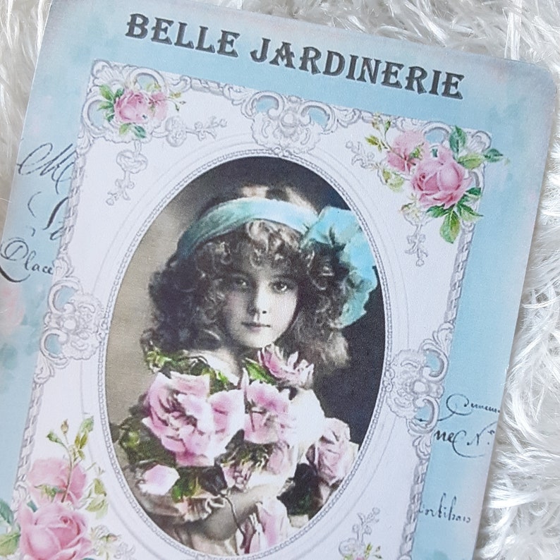 French Journal Card Shabby Chic Blank Card Victorian Girl with Pink Roses Blue Junk Journal Card Scrapbook