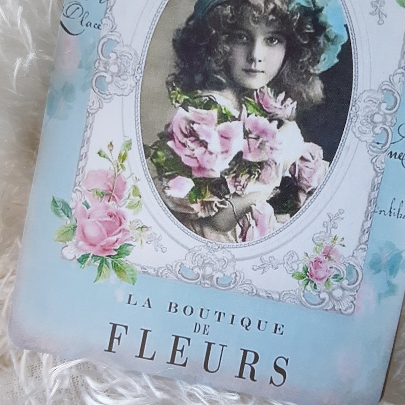 French Journal Card Shabby Chic Blank Card Victorian Girl with Pink Roses Blue Junk Journal Card Scrapbook