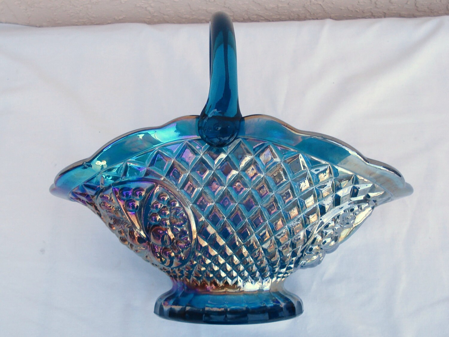 Vintage INDIANA GLASS CO Large Blue Carnival Glass Basket. | Etsy