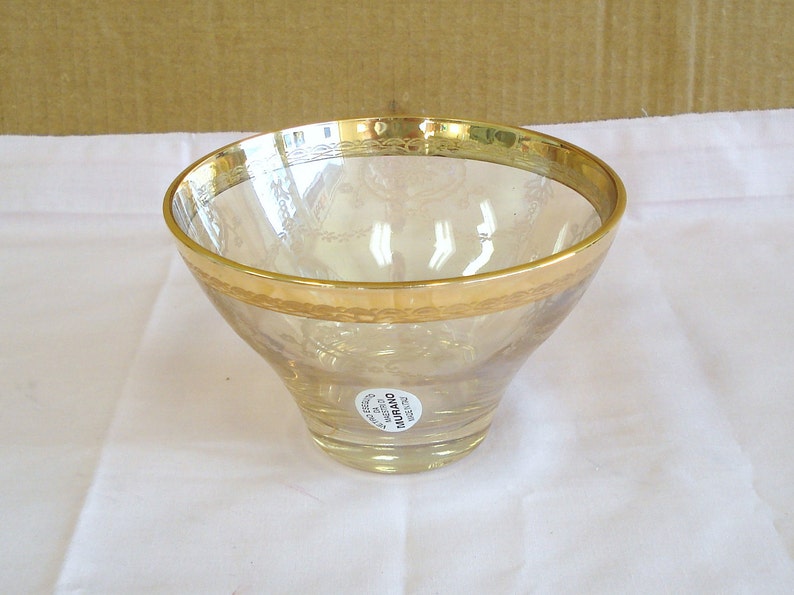 Vintage MURANO SILVESTRI Gold Platted Rim On Pastel Yellow Etched Art Glass Bowl. image 1