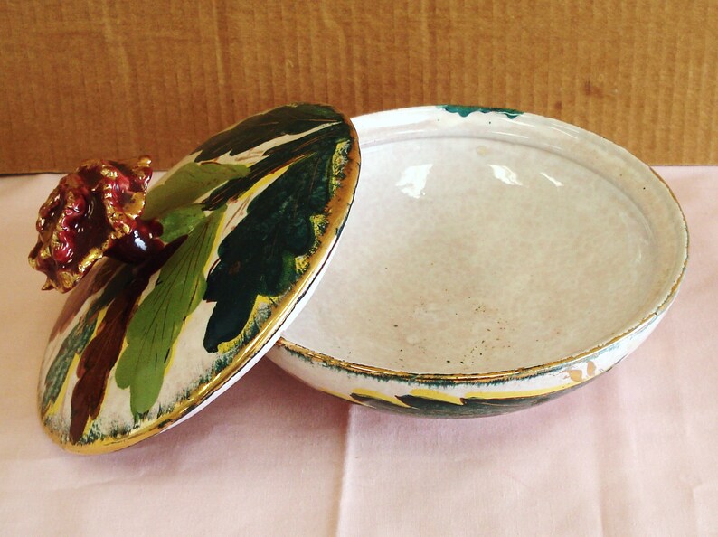 Hand Made And Hand Painted Pottery Lidded Bowl Italy.
