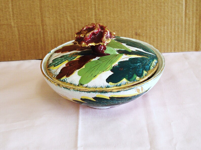 Hand Made And Hand Painted Pottery Lidded Bowl Italy.