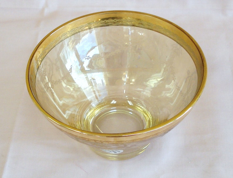 Vintage MURANO SILVESTRI Gold Platted Rim On Pastel Yellow Etched Art Glass Bowl. image 3