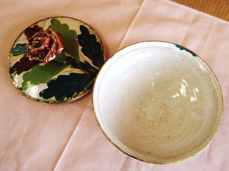 Hand Made And Hand Painted Pottery Lidded Bowl Italy.