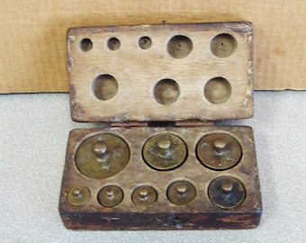 Antique Set Of Brass Scale Weights In Original Hand Made Wooden Box.
