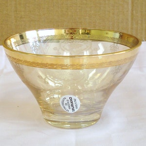 Vintage MURANO SILVESTRI Gold Platted Rim On Pastel Yellow Etched Art Glass Bowl. image 2