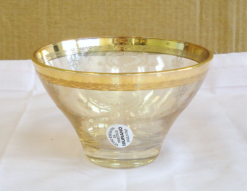 Vintage MURANO SILVESTRI Gold Platted Rim On Pastel Yellow Etched Art Glass Bowl. image 2