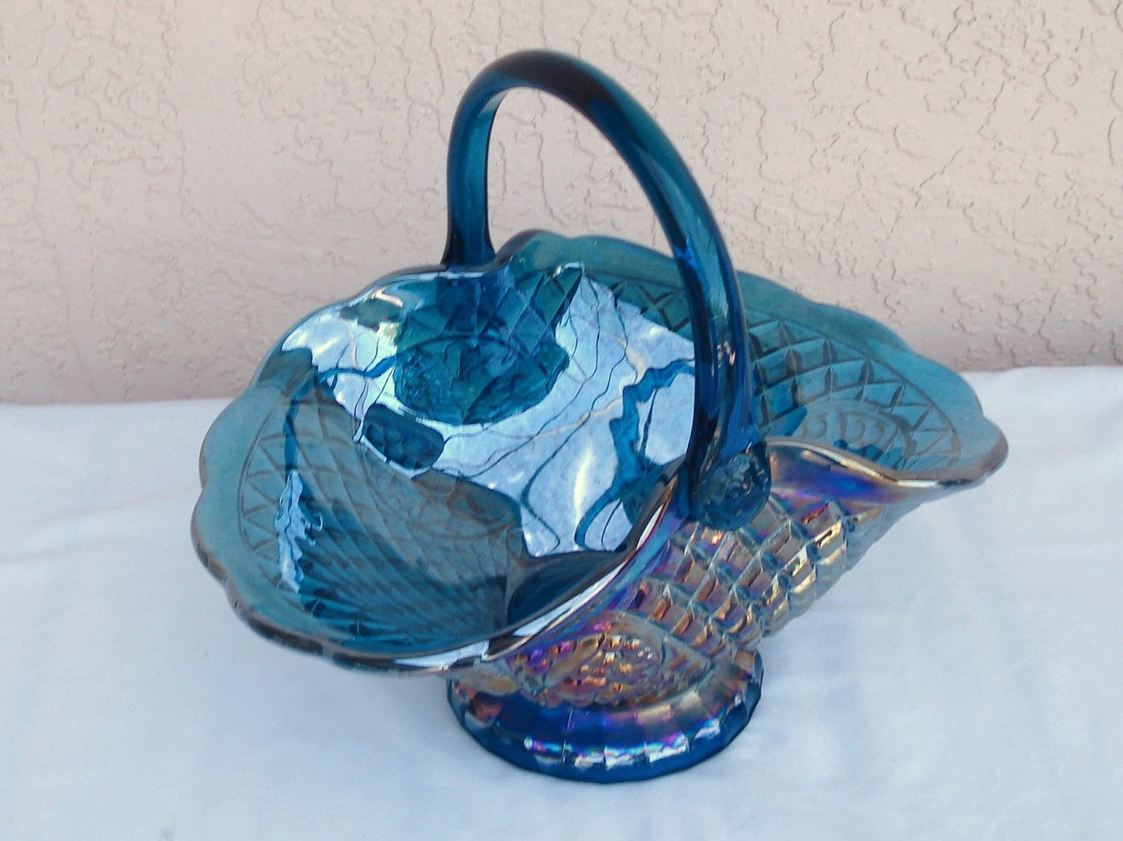 Vintage INDIANA GLASS CO Large Blue Carnival Glass Basket. Etsy