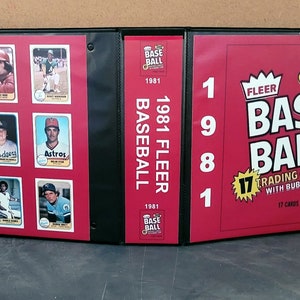 May include: A red binder with the text "1981 Fleer Baseball" on the spine. The front cover features the text "1981 Fleer Baseball Premier Edition" with a crown logo and the text "17 Trading Cards with Bubble Gum".