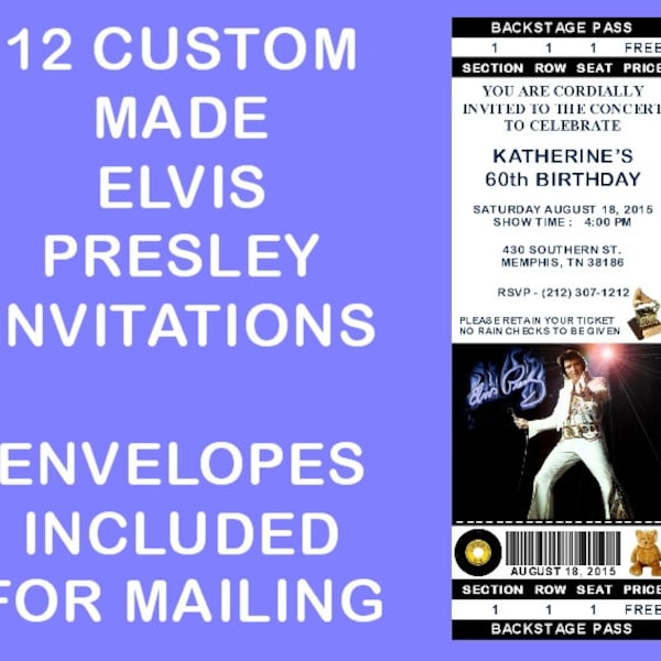 12 Personalized Elvis Presley Party Invitations FREE SHIPPING - Birthday, Wedding, Shower Or Any Event