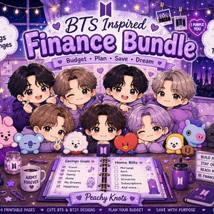 Puede incluir: Un paquete financiero digital con siete personajes de dibujos animados en tonos morados, rodeados de iconos de BTS, frascos de ahorro y rastreadores de facturas. El texto dice BTS Inspired Finance Bundle, Savings Goals y Home Bills.