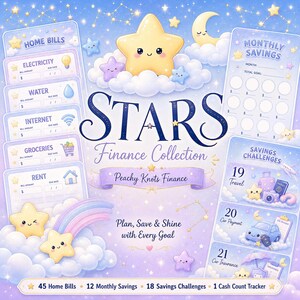 Puede incluir: Una colección de planificadores financieros digitales titulada Stars Finance Collection con nubes pastel, estrellas sonrientes y una luna creciente. Incluye plantillas para facturas, ahorros y desafíos con el texto Plan, Save & Shine with Every Goal.