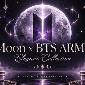 Puede incluir: Un gráfico digital con una gran luna púrpura brillante detrás de un logotipo de BTS. El texto dice Moon x BTS ARMY Elegant Collection, A BRIGHTER YOU ALWAYS, SAME MOON BIGGER DREAMS y PEACHY KNOTS FINANCE. Lunas crecientes colgantes y estrellas enmarcan la escena.