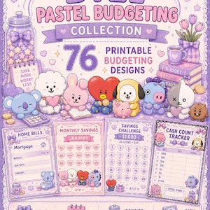 May include: A BT21 Pastel Budgeting Collection featuring 76 printable budgeting designs. The image displays various cartoon characters, a jar of stars, and budget tracking sheets labelled Home Bills, Monthly Savings, Savings Challenge, and Cash Count Tracker.