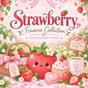 Puede incluir: Una portada de carpeta de presupuesto imprimible titulada Strawberry Finance Collection con una cesta de fresas, una fresa sonriente, un cupcake, una galleta en forma de corazón y una taza con el texto Small Steps Big Dreams.