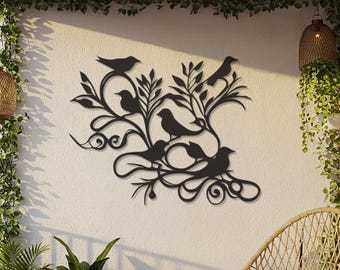 Birds on Branch Metal Wall Decor – Black Powder-Coated Steel, Indoor/Outdoor, Multiple Sizes