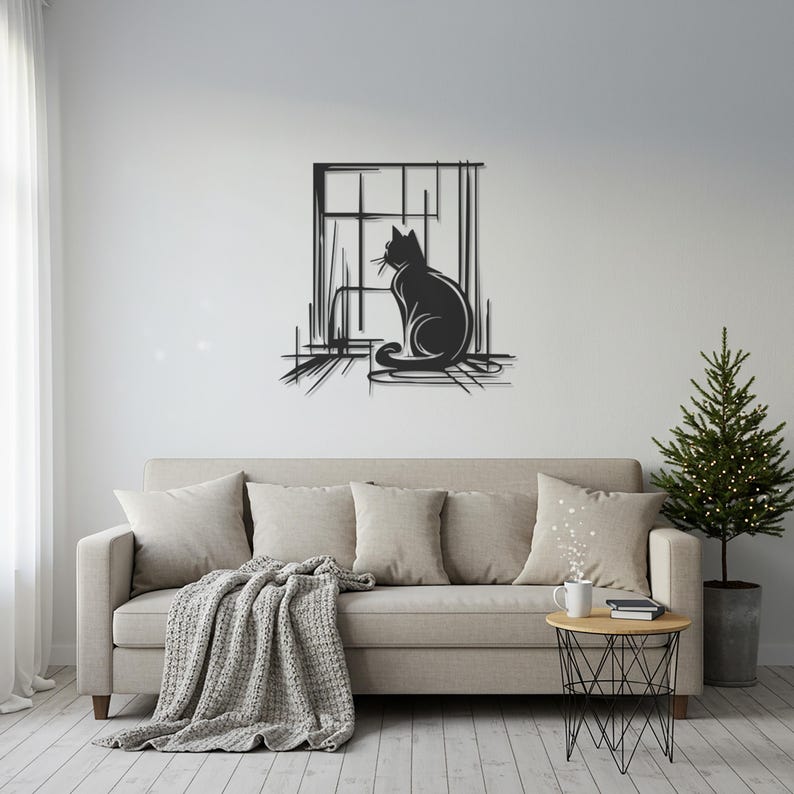 May include: A black metal cat silhouette wall art piece. The cat is sitting in front of a window with a minimalist design. The artwork is mounted on a white wall above a beige sofa with pillows and a blanket. A small side table and a Christmas tree are also in the room.