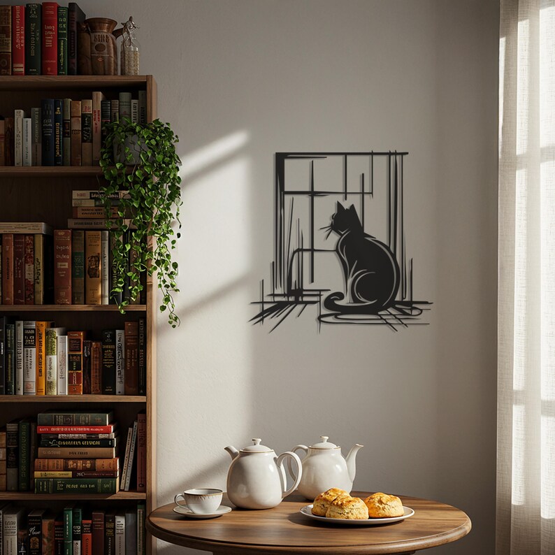 May include: A black metal cat silhouette wall art piece. The cat is sitting and looking out a window. The artwork is mounted on a white wall. A round wooden table with teacups, teapots, and pastries is in the foreground.