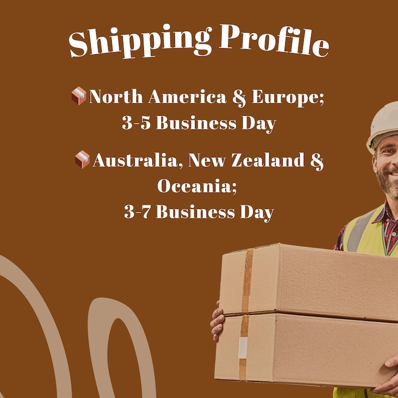 May include: A brown background with the text "Shipping Profile" in a stylized font. Below, text indicates shipping times for North America & Europe and Australia, New Zealand & Oceania. A person in a hard hat holds two cardboard boxes.