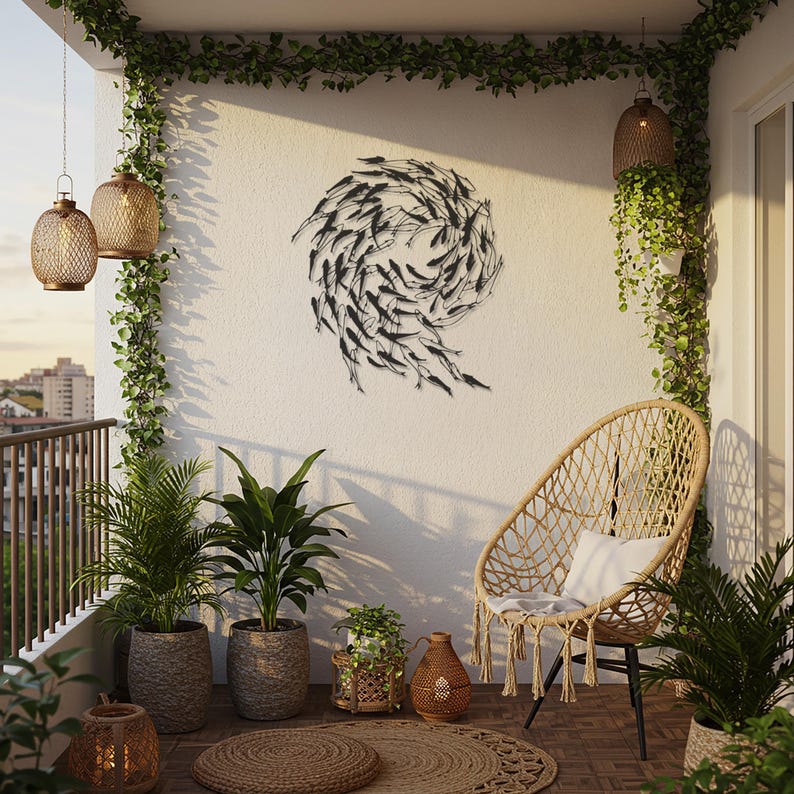 Minimalist metal wall decor featuring a swirling school of fish design. Perfect for ocean and sea life lovers, this black metal artwork brings a modern, coastal, and nature-inspired aesthetic to your home. Ideal for living rooms, balconies, patios, offices, or beach houses. Available in multiple sizes and finishes including black, silver, gold, bronze, and white.
