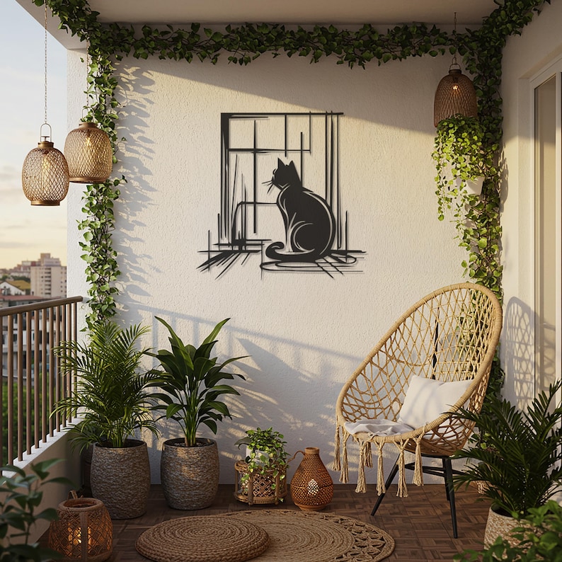 Minimalist metal wall decor featuring a cat silhouette sitting by a window. Hand-crafted cut metal design, available in black, silver, gold, bronze, or white. Perfect wall art for cat lovers, modern interiors, home offices, and pet owners. Offered in multiple sizes from 20x20cm to 110x110cm. Elegant and durable statement piece that adds warmth and style to any living space.