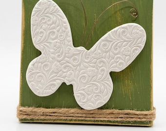 Butterfly Wood Sign: Distressed Green Wood & Embossed Clay | Whimsical Spring Garden Gift