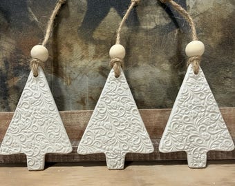 Christmas Tree Ornaments Set of 3 | White Embossed Clay | Modern Farmhouse Decor