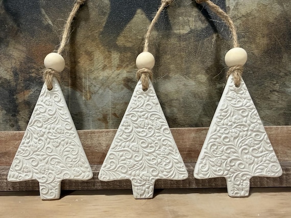 Christmas Tree Ornaments Set of 3 | White Embossed Clay | Modern Farmhouse Decor